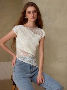MOTF PREMIUM WOMEN'S LACE PATCHWORK ASYMMETRIC DESIGN LACE T-SHIRT, SPRING/SUMMER - Beige - View 6