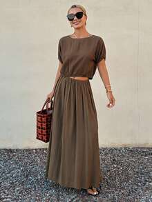 Livesso Brown Round Neck Short Sleeve Top And Casual Skirt 2 Pieces Set, Suitable For Summer Vacation Lounge Sets For Women - Coffee Brown - View 1