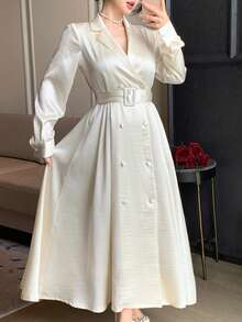 Livesso 优雅白色缎面高领中长连衣裙，适合毕业典礼、婚礼和派对等场合。 - 白色 - 查看 6