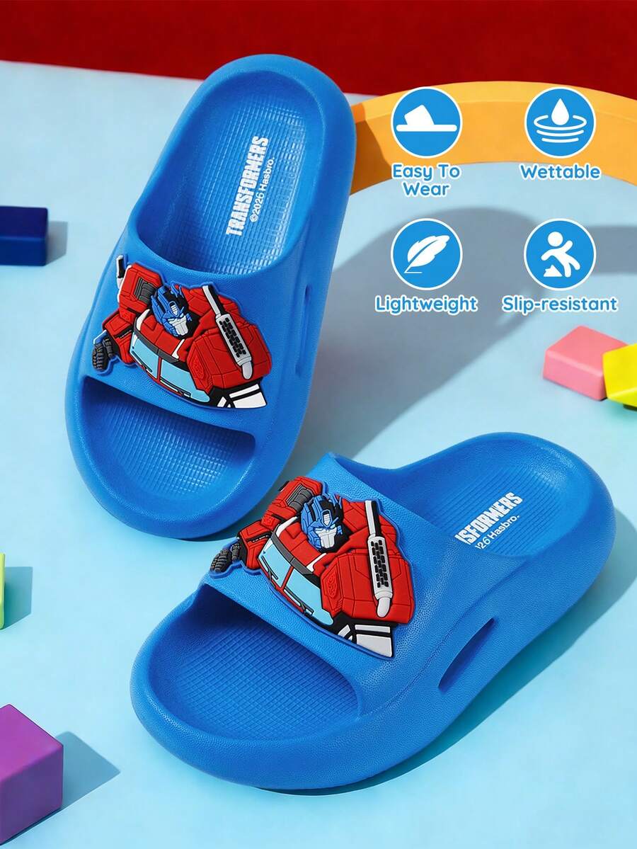 Transformers X SHEIN Dép đi trong nhà hình hoạt hình màu xanh dễ thương cho bé trai, phù hợp cho trẻ mới biết đi và trẻ nhỏ, nhanh khô, nhẹ và bền, chất liệu EVA, có thể mang trong nhà và ngoài trời, thích hợp cho gia đình, phòng tắm, sân chơi, hồ bơi, bãi biển và các nơi khác. - Màu xanh lam - Xem 1