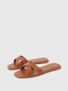 Sleekvia Zapatos de mujer de verano con tiras cruzadas, punta redonda y suela plana, versátiles en negro y marrón - Marrón - Ver 10