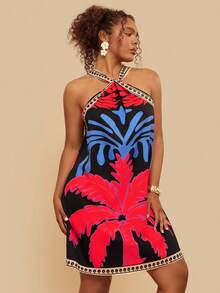Travachic Plus Size Tropical Print Backless Halter Dress, Casual Holiday Style, For Summer,Beach Dress Sundress,Holiday Outfits, Summer Dresses - Multicolor - View 1