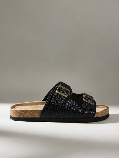 Solecia Women's Fashion And Comfort Spring And Summer Double Buckle Decoration Double Belt Big Round Toe Black Beach Cork Slippers Retro Casual Thick Bottom Slippers