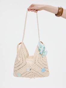 1 Starfish Shell Handmade Crochet Openwork Beach Vacation Style Straw Woven Shoulder Bag/Tote Bag With Drawstring Inner Pocket. - Multicolor - View 5