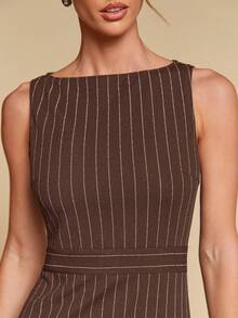 COSMINA 女士优雅条纹收腰中长连衣裙，百搭实用，适合办公室、通勤和日常穿着，四季皆宜，是女士职业装、办公室工作服、女士工作套装、条纹连衣裙、办公室连衣裙的理想之选。 - 咖啡 - 查看 4