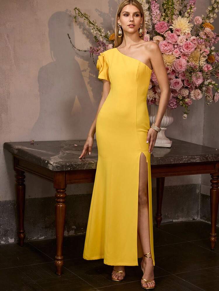 MOTF Soiréza WOMEN'S MUSTARD YELLOW ONE SHOULDER FISHTAIL SPLIT THIGH SHORT SLEEVE DRESS, SUITABLE FOR WEDDING, PARTY, BANQUET