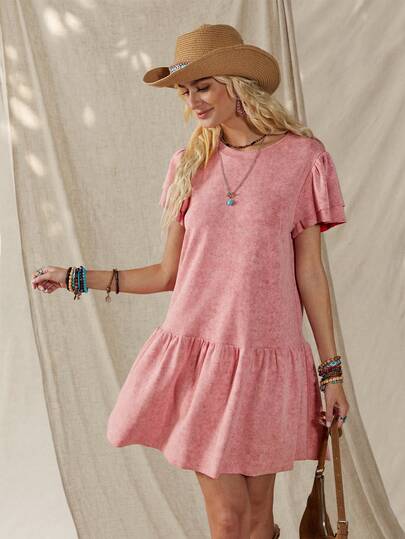 Wildy 休闲美式西部复古做旧扎染短袖迷你连衣裙，女士春夏日常基本款穿搭