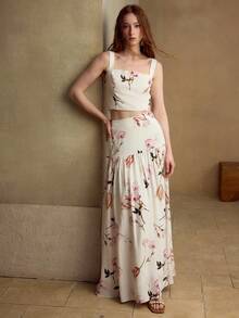 MOTF PREMIUM WOMEN'S COTTON LINEN BLOUSE & FLORAL PRINTED SKIRT 2 PIECES SET, SUITABLE FOR DATES AND VACATIONS IN SPRING/SUMMER - Multicolor - View 8