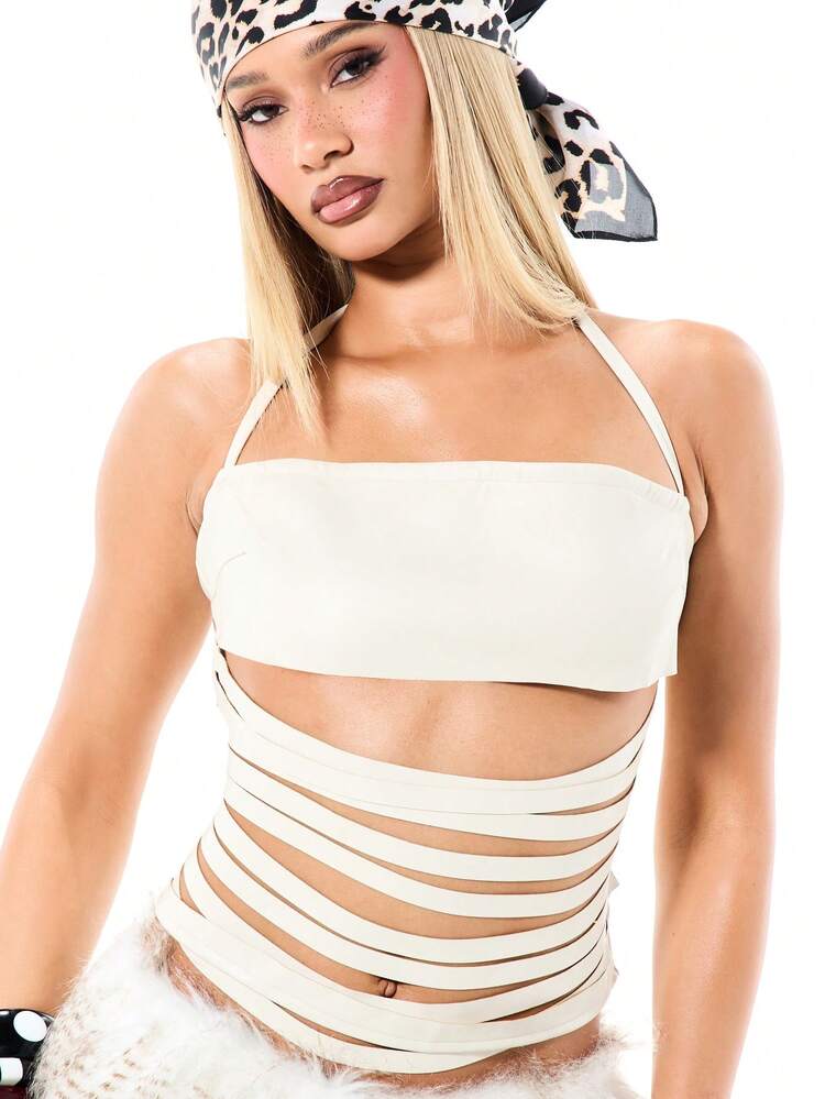 SUMWON WOMEN Women's Cream Cutout Corset Top With Side Lace Up Details And Strappy Back Design Party Festival Outfit