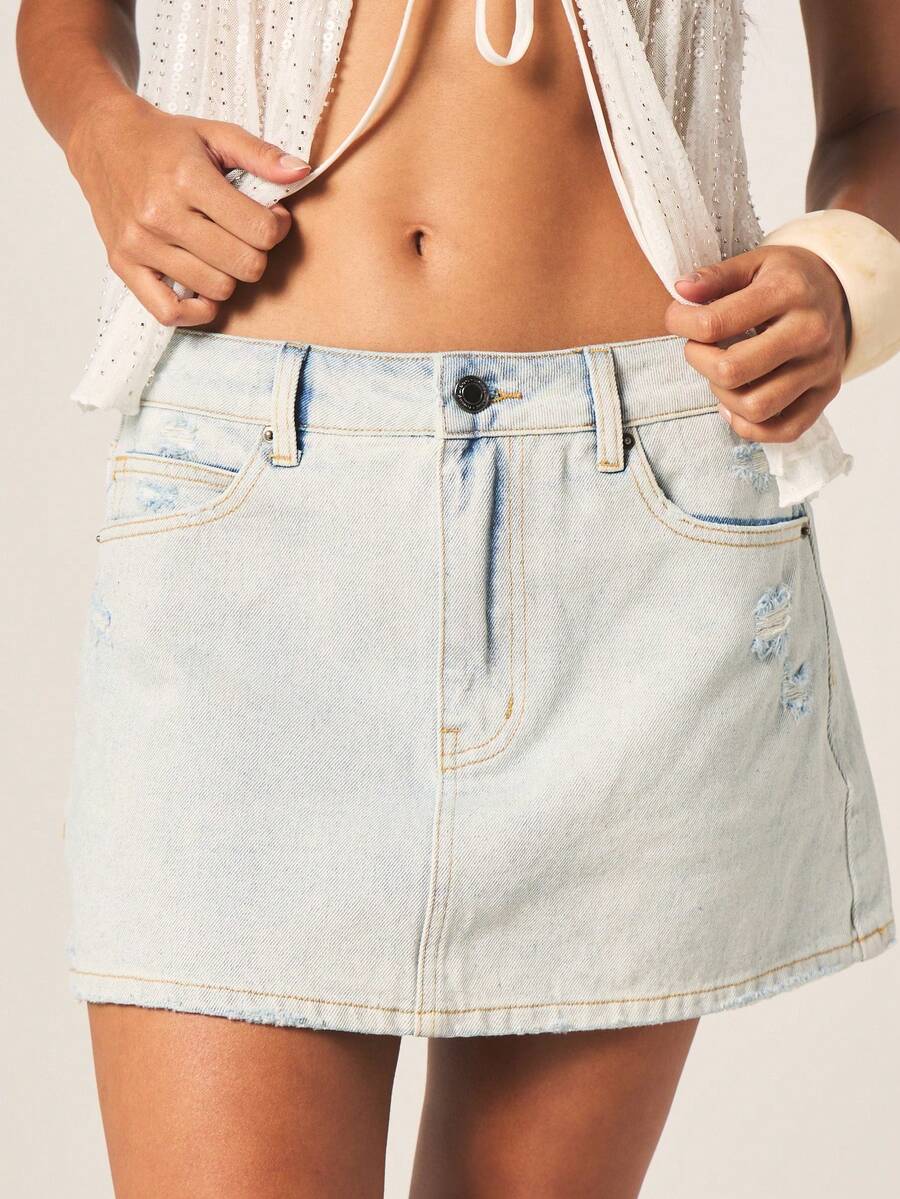 MISSGUIDED 女士浅色水洗牛仔迷你裙，带有做旧细节和高腰设计，适合夏季休闲穿搭 - 淺色水洗藍 - 查看 1