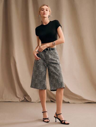 Anewsta Heavily Embellished Rhinestone Leopard Print Midi Shorts