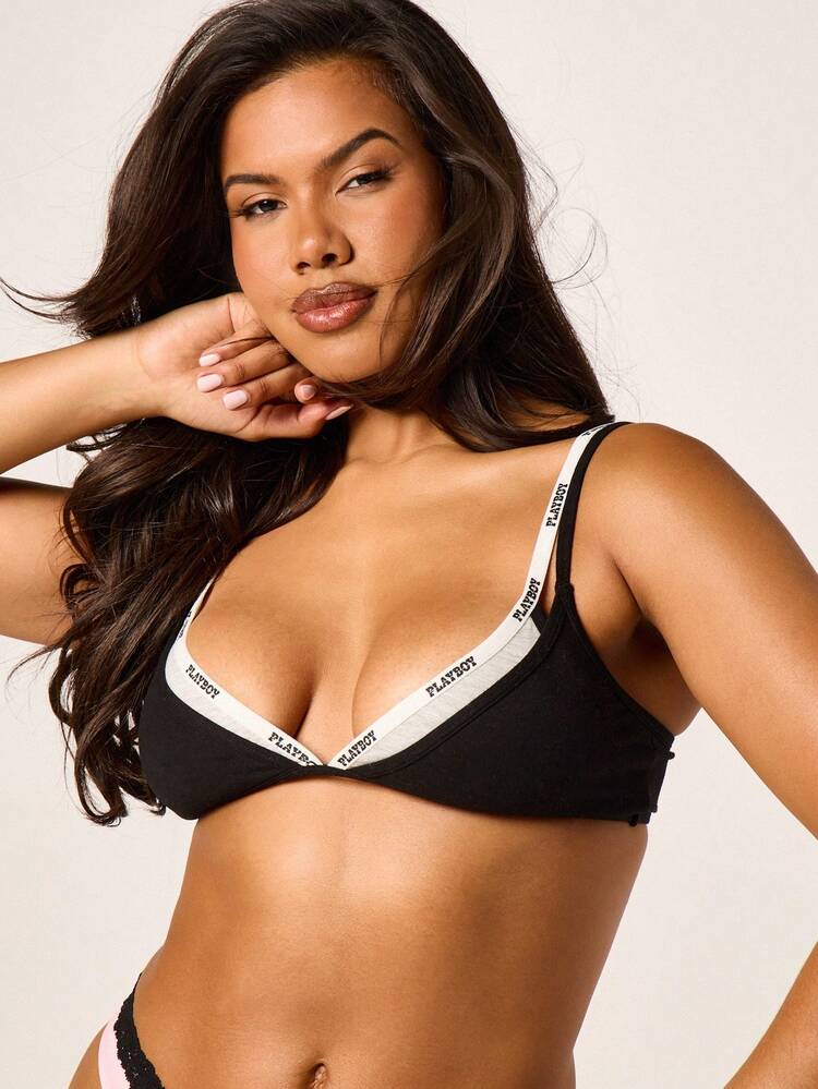 Missguided x Playboy Women's Logo Tape Detail Bralette Unpadded Wireless Comfort Bra Everyday Intimate Lingerie