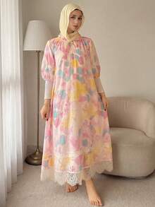 DAZY Women's Lace Patchwork Allover Print Tie Collar Nightgown - Pink - View 5