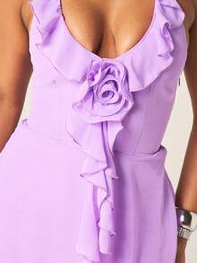 MISSGUIDED Đầm ngắn cổ yếm màu tím dành cho nữ, điểm xuyết họa tiết hoa hồng và bèo nhún, thích hợp cho các buổi tiệc cocktail mùa hè. - Màu tím - Xem 4
