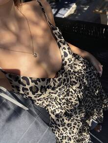 DAZY Women's Leopard Print Spaghetti Strap Mid-Length Dress, Korean Style, Spring/Summer - Coffee Brown - View 3