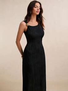 Poéselle 女士优雅派对礼服，简约纯色纹理面料，金属装饰，不对称领口，无袖修身黑色连衣裙 - 黑色 - 查看 8