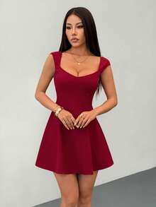 SHEIN PETITE 女士纯色甜心领泡泡袖时尚迷你连衣裙，女士派对礼服 - 酒紅色 - 查看 7