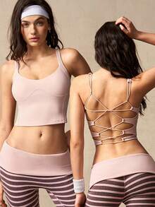 VARSIVA Brassière de sport dos nu de couleur unie pour femmes - Rose bonbon - Voir 2