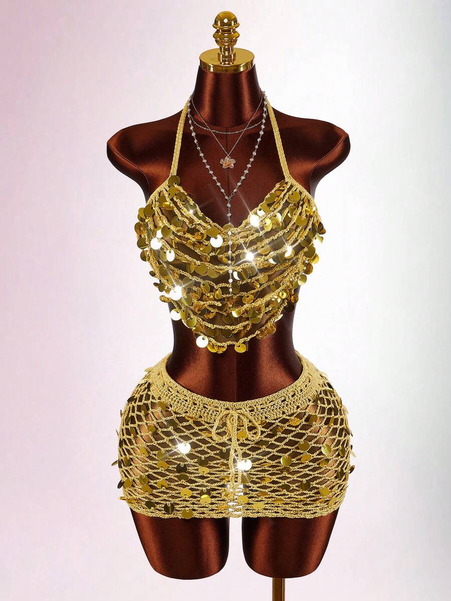 Amplova Women's Halter Backless Sequin Tassel Crop Top And Sequin Embroidered Gold Mini Skirt Set - Gold - View 1