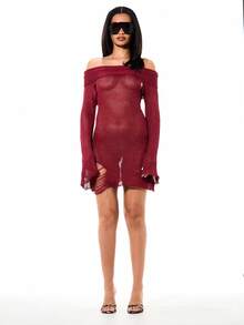 SUMWON WOMEN 酒红色露肩钩针编织迷你毛衣连衣裙，长袖，做旧下摆，适合秋冬季休闲场合 - 紅色 - 查看 3