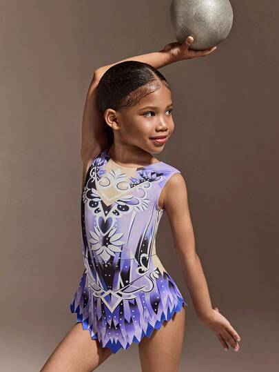 Leotardo sin mangas con estampado para niñas, cómodo y amigable con la piel, diseño ajustado para evitar la exposición, adecuado para gimnasia rítmica, competencias de baile escolar, todas las estaciones