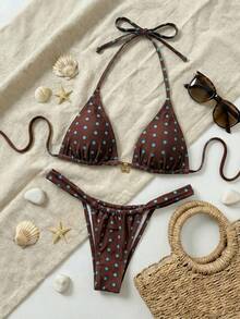 Bonvoyette 波点印花丁字裤比基尼套装 - 棕色 - 查看 2