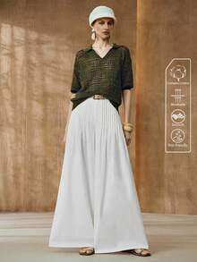 Arave Quần nữ dệt từ vải cotton nguyên chất, cạp thường, ống rộng, họa tiết kẻ sọc, kiểu dáng thường ngày. - trắng - Xem 7