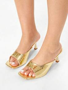 Glitzique 女士金色亮面方头高跟凉鞋，适合度假、婚礼、派对、宴会，金色鳄鱼纹高跟拖鞋 - 金色 - 查看 1
