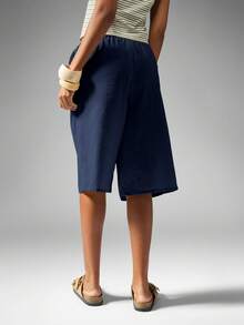 MISSGUIDED Women Navy Linen Feel Look Drawstring Long Bermuda Shorts With Elastic Waistband Casual Summer Relaxed Fit - Blue - View 2