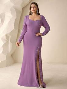 Coutiva Vestido de noche formal de talla grande (muy adornado) - Púrpura polvoriento - Ver 3