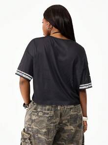 Coolane Women's Plus Size Summer Vacation Outfits Beach Sportswear Basic Y2K Number Pattern Breathable Mesh Contrast Lace V-Neck Jersey Over Size T-Shirt Oversized Inclusive Sizing - Black - View 8