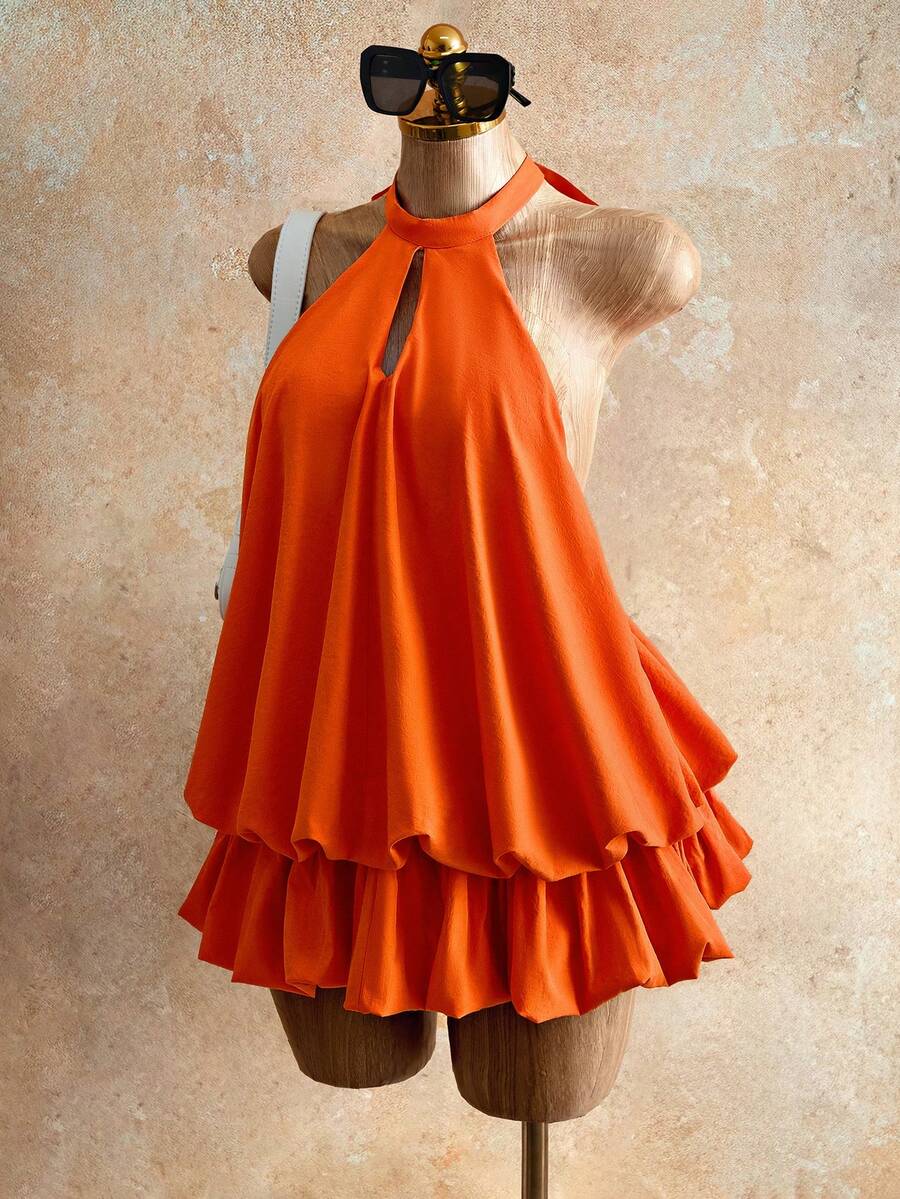 Mistrie 女士纯色露背镂空优雅无袖连衣裙 - 橘色 - 查看 1