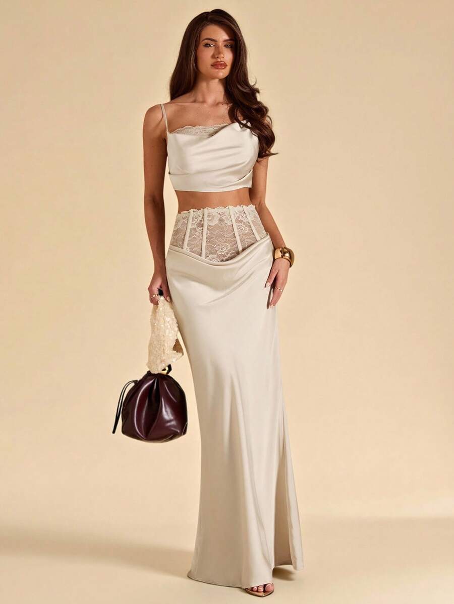 SHEIN BAE Elegancki komplet spódnicy syreny z satyny w kolorze morelowym z koronką i wiązaniem na ramiączkach, 2 sztuki dla kobiet, elegancka spódnica w kolorze morelowym, odpowiednia na imprezę, koktajl, urodziny, dla druhen i gości weselnych - Morela - Zobacz 1