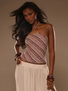 MUSERA 纹理条纹饰边细节露背修身长款无袖上衣，适合春夏度假海滩，优雅伊比沙岛节日休闲穿着。 - 彩色 - 查看 1