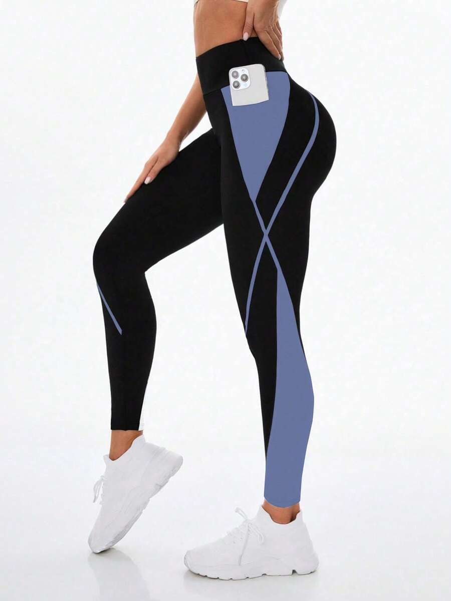 Exploreva Fitted High Waist Comfortable Breathable Contrast Color Sports Leggings - Iron Gray - View 1
