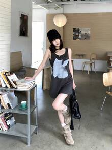 K-Vae Summer Minimalist Sexy Deep V-Neck Tie Strap Cat Print Dress - Camel - View 5