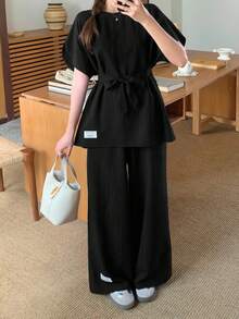 SHEIN 儿童青少年女孩梭织纹理宽松落肩系带字母印花衬衫和阔腿裤两件套，适合春夏、春季郊游、休闲外出、街头穿搭、度假、返校、节日、家庭户外春季野餐、日常穿着。女士夏季服装 女士夏季套装 - 黑色 - 查看 5