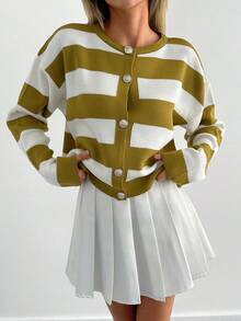 SHEIN Cottnline Women's Button Front Long Sleeve Striped Minimalist Sweater, Casual For Everyday Wear - Mustard Yellow - View 4