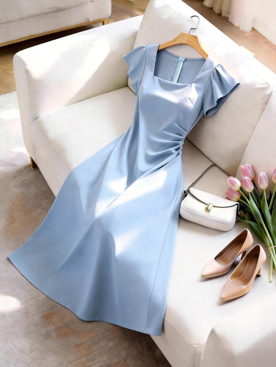SHEIN LUNE Đầm tay bồng màu trơn thanh lịch cỡ lớn, thích hợp cho mùa hè. - Màu xanh lam - Xem 1