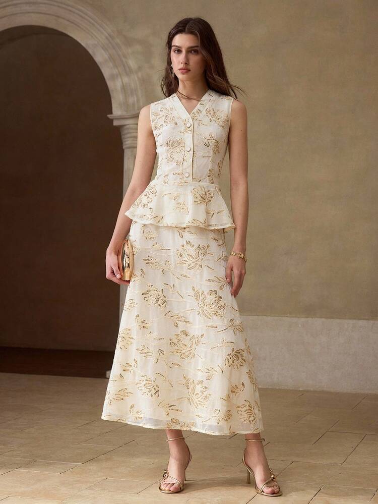 Women's V-Neck Button Blouse And Skirt 2-Piece Set, Fashionable For Daily Wear