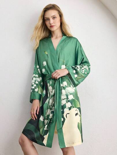 Ocili Leopard Print Simple Animal Pattern Robe, Women's Comfortable Sleepwear Belted Short Robe