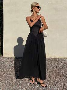 Livesso Summer Beach Holiday Vacation Black Camisole Patchwork Waist Midi Dress For Women Sundress - Black - View 3