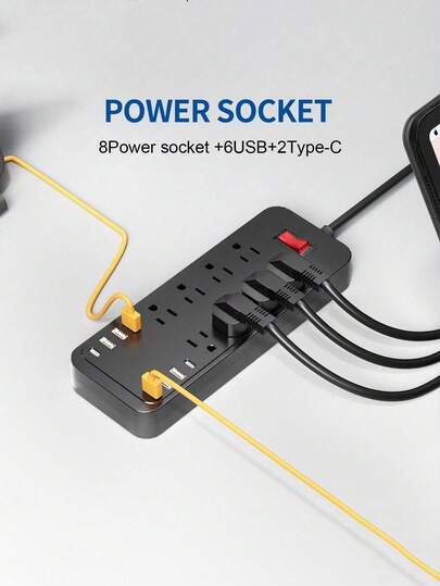 Teckwe 16合1多功能插座电源保护器，可壁挂安装的多功能电源条（8个交流电源插座+6个USB接口+2个Type-C接口），配备180厘米扁平电源线。采用美规插头，兼容110V/220V双电压，适用于旅行、家庭办公室和大学宿舍等场所。