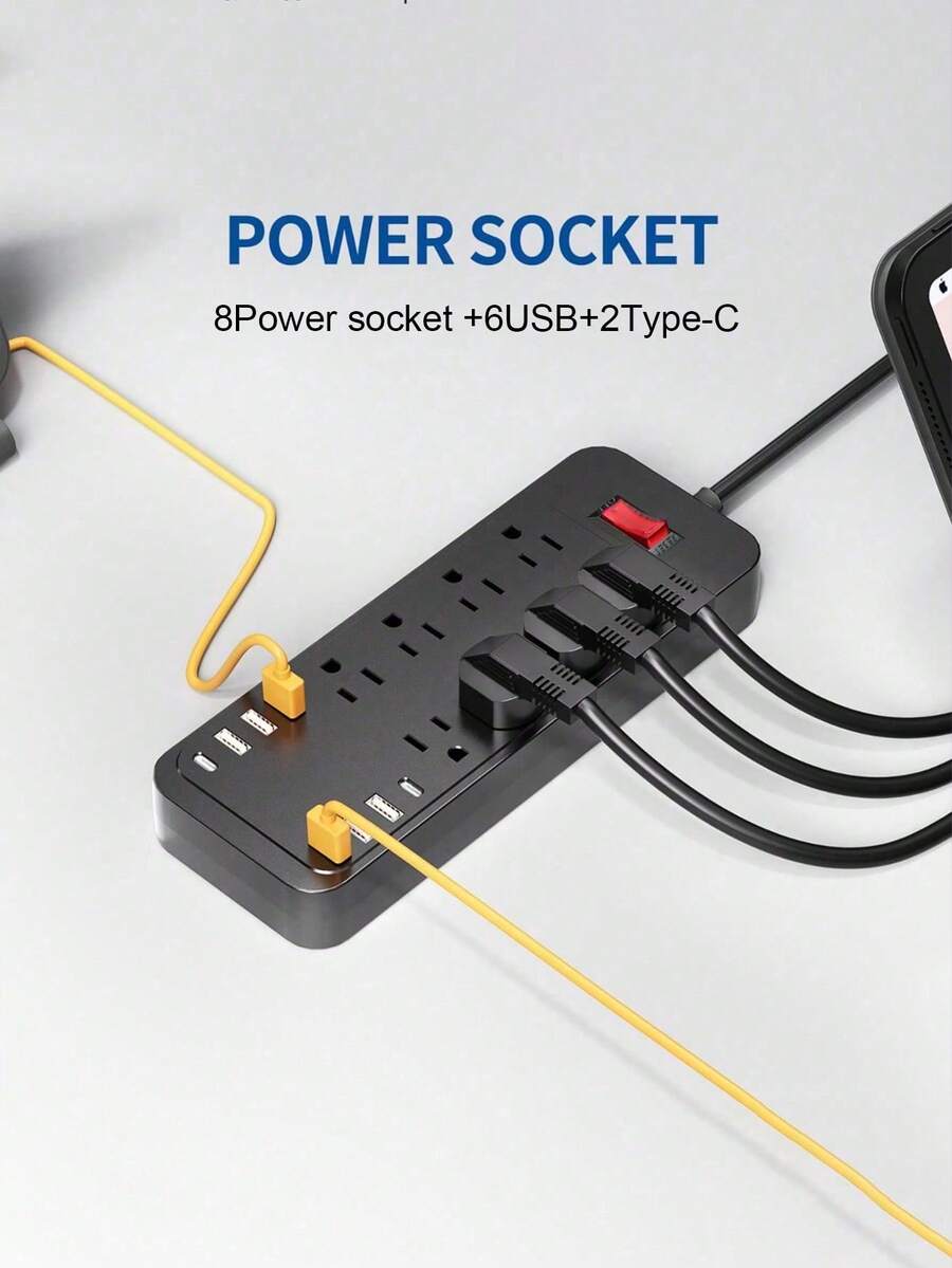 Teckwe 16-In-1 Socket Power Protector, Multi-Socket Wall-Mountable Power Strip (8 AC Outlets + 6 USB Ports + 2 Type-C Ports), With A 6ft/180cm Flat Plug Cord. It Features A US Plug, 110V/220V Dual Voltage Compatibility And Power Supply Mode, Suitable For Travel, Home Offices And College Dorms-US Plug - View 1