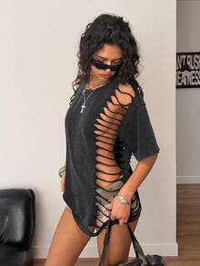 Muchica Y2k T-Shirt  Round Neck Distressed Fashionable Versatile Short Sleeve - Black - View 5