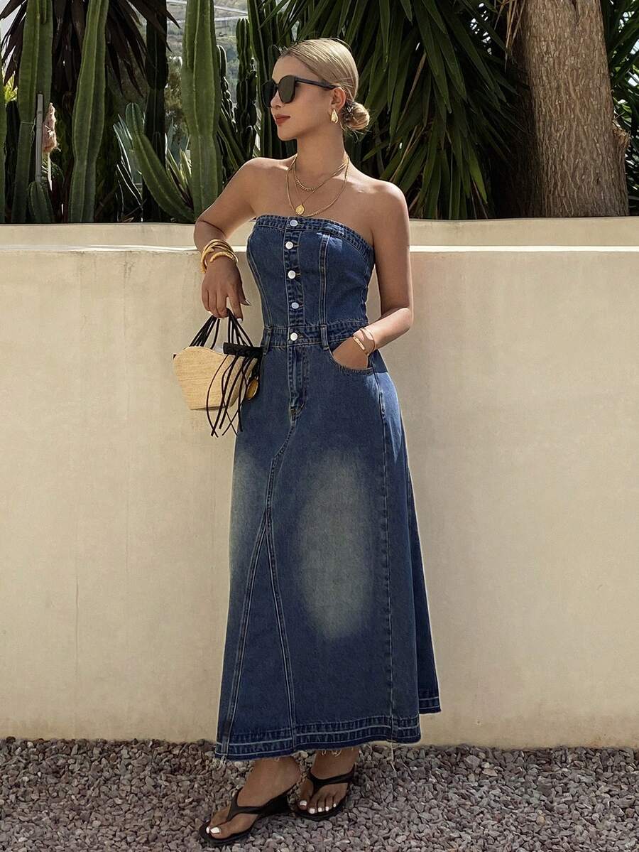 DAZY Women's Casual Washed Denim Jumpsuit Dress With Pockets, Summer - Medium Wash - View 1