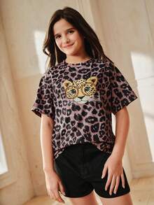 Anewsta 女孩可爱眼镜豹纹印花休闲街头风酷女孩T恤，夏季 - 灰色 - 查看 1