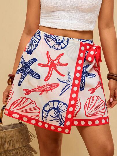 Travachic Plus Size Women's Black Floral Print Wrap Tie Bow Skirt