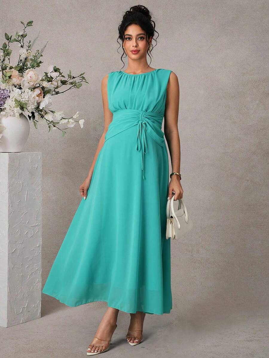 Momance D 女士休闲优雅雪纺长裙，浪漫复古风，适合海滩、度假，无袖，抽绳腰带，褶裥后背，春夏孕妇装 - 綠色 - 查看 1