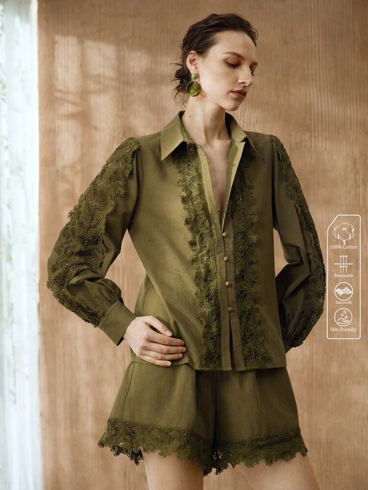 Arave Bộ đồ nữ mùa xuân/thu gồm áo khoác cardigan dài tay và quần short, phối ren tương phản cổ đứng, thiết kế khoét rỗng và thêu, kiểu dáng retro thường ngày, thích hợp đi làm. - màu xanh lá - Xem 5